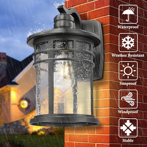 Image of Darkaway Large Outdoor Porch Lights Wall Mount, 15inch Outdoor Light Fixtures Sconces Wall Lighting with Seeded Glass Exterior Lights for Patio Yard House Hallway Doorway Garage(Large, Black)