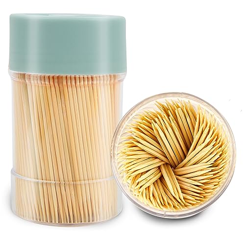bamboo toothpicks 3000 count - with reusable toothpick holder sturdy smooth finish tooth picks for party appetizer olive barbecue fruit and teeth cleaning green