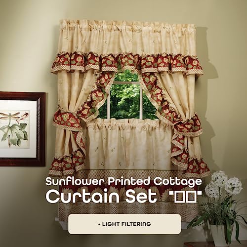 Printed Cottage Window Curtain Set - 57 Inch Width, 36 Inch Length - Sunflower - Light Filtering Polyester Drapes Include Tailored Valances, Ruffle Topper Pair Of Tiebacks By Achim Home Decor #TOP1