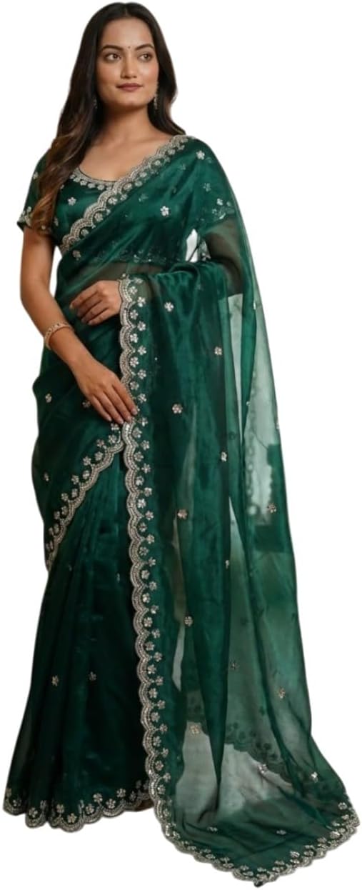 Embellished Designer Saree with Sequin Border, Floral Embroidery, Purple Green Blue Black, Party Wear