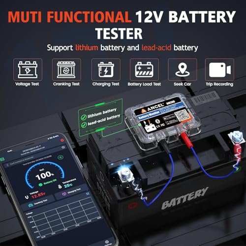 Image of ANCEL BM200 Blue-US Battery Monitor 12V Automotive Bluetooth Auto Battery Load Tester with Cranking Charging Test Alarm Record Voltage History Voltmeter for Car (Blue Version)