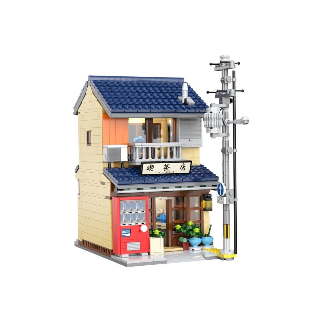 CaDA Construction Japanese Tea Shop Model Kit Machiya with USB Lights, 1200 Pieces, Japanese Shops Series
