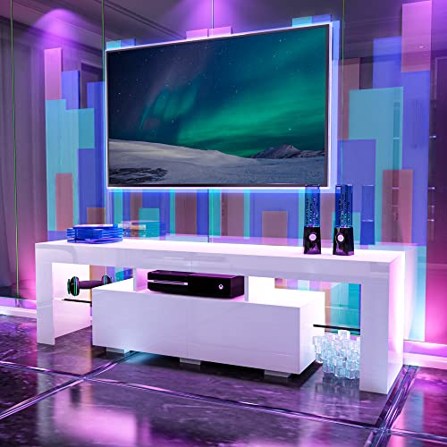 Wersmt Led Tv Stand For 70 Inch Tv, White Entertainment Center With 2 Drawer, Modern Large High Gloss Tv Cabinet With Storage For Living Room #TOP5