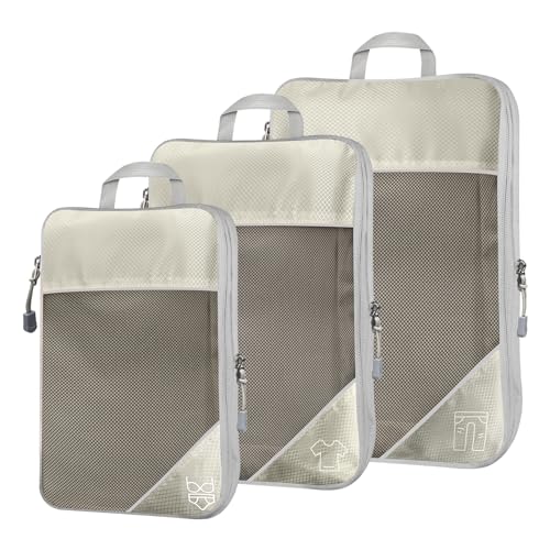 Desoto Compression Packing Cubes,3Pcs Expandable Travel Organizer Bag for Luggage Suitcases,Packing Bag Set for Travel & Home Storage(Beige 3pack)