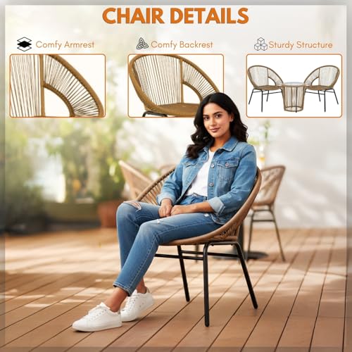 Image of DEVOKO Rope Outdoor 3-Piece Patio Chair Glass Top Round Table Set with All-Weather Rope Design Sturdy Durable Metal Frame for Garden, Balcony, Terrace, Deck(Beige)