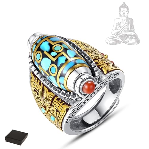 Bague de perles Dzi à neuf yeux turquoise à six caractères mantra, anneau rotatif réglable de perles Dzi tibétaines à neuf yeux, bague bouddhiste Feng Shui, bague d'amulette de méditation (A)