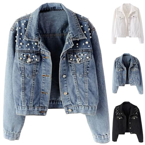 Womens Oversized Denim Jacket Embroidered Beading Pearls Short Jean Jacket Fashion Botton Down Coat4