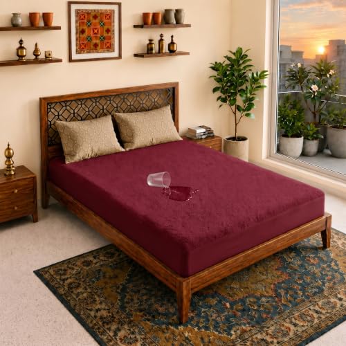 Image of Lithara Terry Cotton Fitted Mattress Protector for Queen /Double Bed | Waterproof & Elastic Band | Ultra Soft & Hypoallergenic Mattress Cover | Size : 66 x 72 Inches (5.5 x 6 Feet) | (Wine Red)