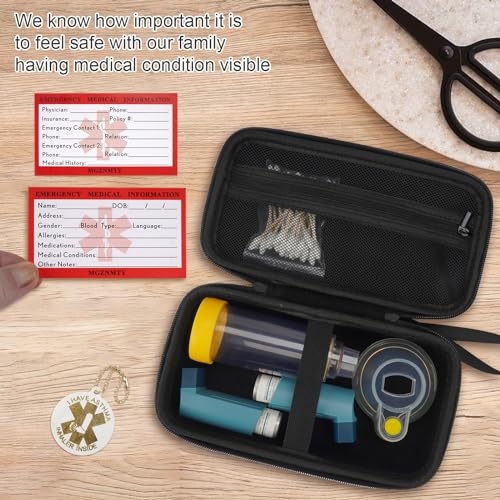 Image of MGZNMTY Travel Carrying Case Compatible with Asthma Inhaler Spacer for Adults and Children, Masks, Inhaler Holder with Asthma Alert Tag and Medical Card, Carabiner (Only Case) (Black)