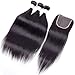 10A Peruvian Virgin Straight Hair 3 Bundles with Free Part Closure (18 20 22+14) 100% Unprocessed Peruvian Straight Human Hair Weft with Lace Closure Natural Hair Extensions Peruvian Straight Hair