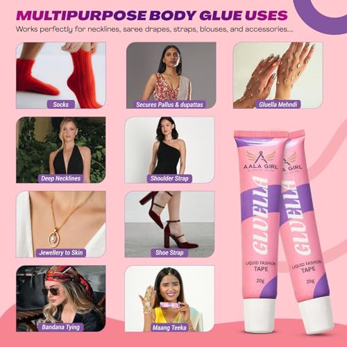 Image of Gluella Body Glue for Clothes & Skin for Women (20g) | Dermatologically Tested, Sweatproof, Skin-Friendly, Paraben-Free, Toxin-Free | Invisible Liquid Fashion Tape For Dresses, Necklines & Jewellery
