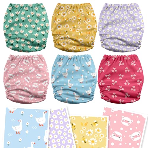 Image of Mama Koala 3.0 Cloth Diapers for Babies with AWJ Lining, 6 Pack with 6 5-Layer Natural Cloth Diaper Inserts - Reusable and Washable Pocket Diapers(A-Flower Romance)