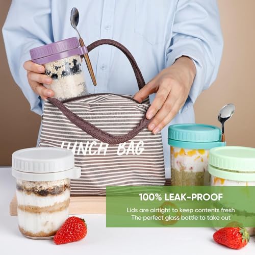 Image of KELVEE Reusable Overnight Oats Jars, 2-Pack Mason Jars with Lids and Spoons, Glass Overnight Oats Container, 350ml, portable yogurt jar, cereal Container, salad Jar (Multicolor) (2)