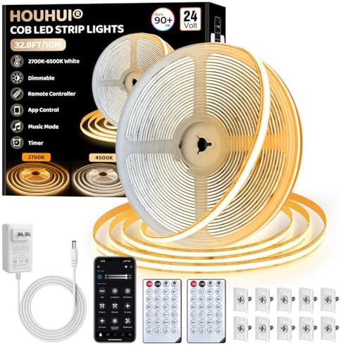 HOUHUI White COB LED Strip Lights 32.8Ft, 2700K-6500K CCT Tunable...