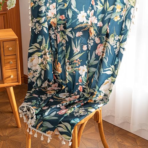 Image of Boho Floral Curtains French Country Farmhouse Curtains 72 Inches Long Light Filtering Window Rod Pocket Drapes for Living Room 2 Panels-Navy Blue Floral