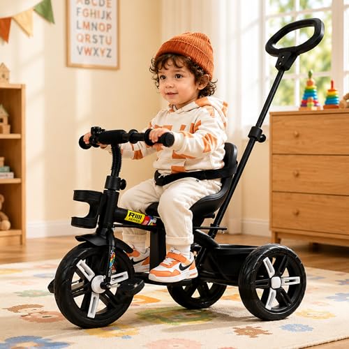 Image of Luusa Elite 500 Kids Tricycle with Parent Push Handle & Safety Seat Belt - Premium 3 Wheel Toddler Cycle with Storage Basket & Comfortable Backrest for 1-4 Years Boys & Girls (Black)