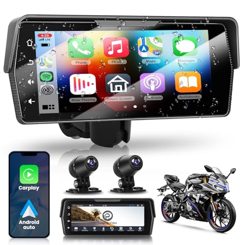 VECHTEL Ecrã sem fios CarPlay para motocicleta com 2 câmaras, gravação em laço, IP68, navegação para motocicleta de 6,86 polegadas para CarPlay e Android Auto, Bluetooth duplo, Siri/assistente, EQ