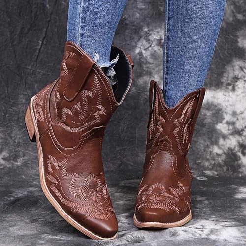 HINDOLA Western Cowboy Boots for Women Comfortable Cowgirl Ankle Boots Fashion Embroidered Knight Boots3