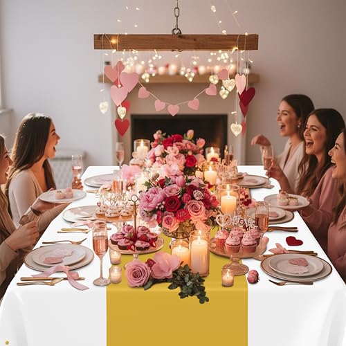 Image of Smiry Plastic Table Cloth Disposable 8 Pack, 54 x 108 Inch Rectangle Waterproof Tablecloth, Printed Gold Table Runner Style for Birthday Weeding, Party Decorations, Leakproof & Sturdy, White and Gold