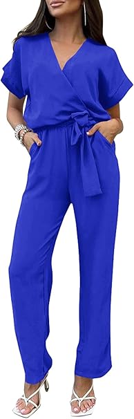 PRETTYGARDEN Women's Summer One Piece Jumpsuits Belted Short Sleeve Wrap V Neck Fashion Dressy Casual Wide Leg Pants Romper