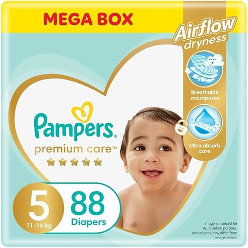 Pampers Premium Care Size 5 (12-18kg) 88 Nappies, Airflow Comfort
