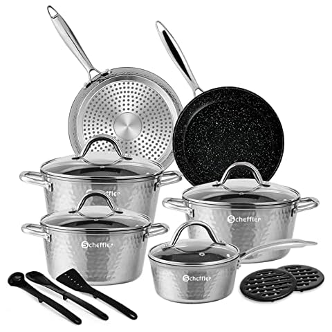 Topfset,Scheffler Topfset Induktion 15-teilig, Töpfe mit Glasdeckel, Kochtopf-Set, Pfannenset, Töpfe und Pfannen, Induktionsgeeignet, Edelstahl Griff-Sliver Cover
