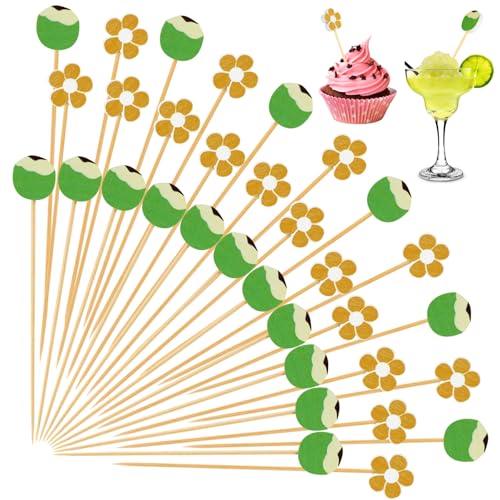 OOTSR 100Pcs Summer Cocktail Picks, 5.1inch Hawaiian Coconut Flower Food Sticks for Appetizers Bamboo Toothpicks Cocktail Sticks for Summer Drinks Hawaiian Tropical Beach Party Decorations