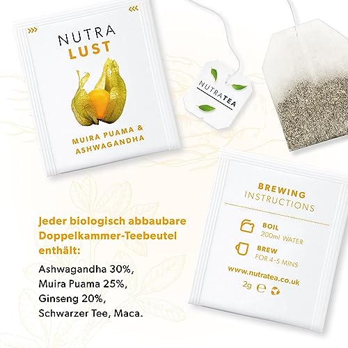 Nutra Tea NUTRALUST, Libido Tee zur Luststeigerung, trägt zum Hormonellen Gleichgewicht bei, Aufrechterhaltung der sexuellen Funktion für Frauen & Männer, 20 wiederverwendbare Teebeutel