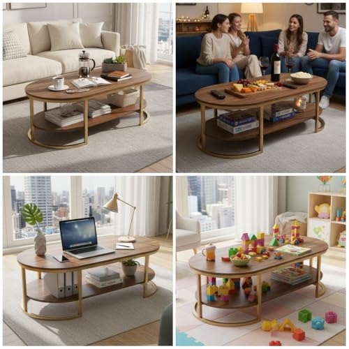 Image of RIZIK Stores Coffee Table - Modern 2-Tier Center Table with Engineered Wooden Top & Metal Frame, Living Room Sofa Table, Elegant Cocktail Table for Home, Office, Dining (Brown Gold)