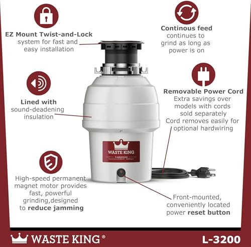 Image of Waste King Garbage Disposal for Kitchen Sink with Power Cord, Food Waste Disposer, L-3200