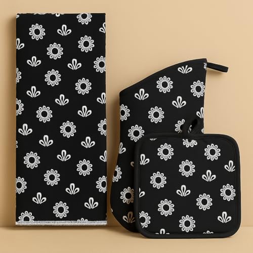 4-Piece Black & White Floral Kitchen Set – Oven Mitt, Dish Towel, 2 Pot Holders | Heat Resistant Cotton | Modern Kitchen Decor & Cooking Gift Set
