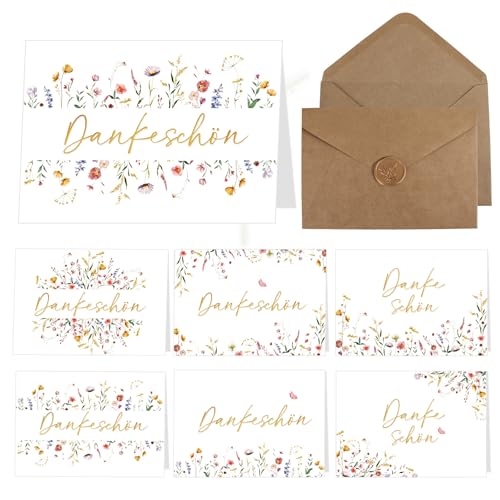 COMOOKA Dankeskarten 6 Sets - Dankeschön Karte mit Blumen-Design - Din-A6 Danke Karten mit Umschlag & Siegel-Aufkleber - Dankeschön Geschenk für Lehrerin Erzieherin Kollegin usw.