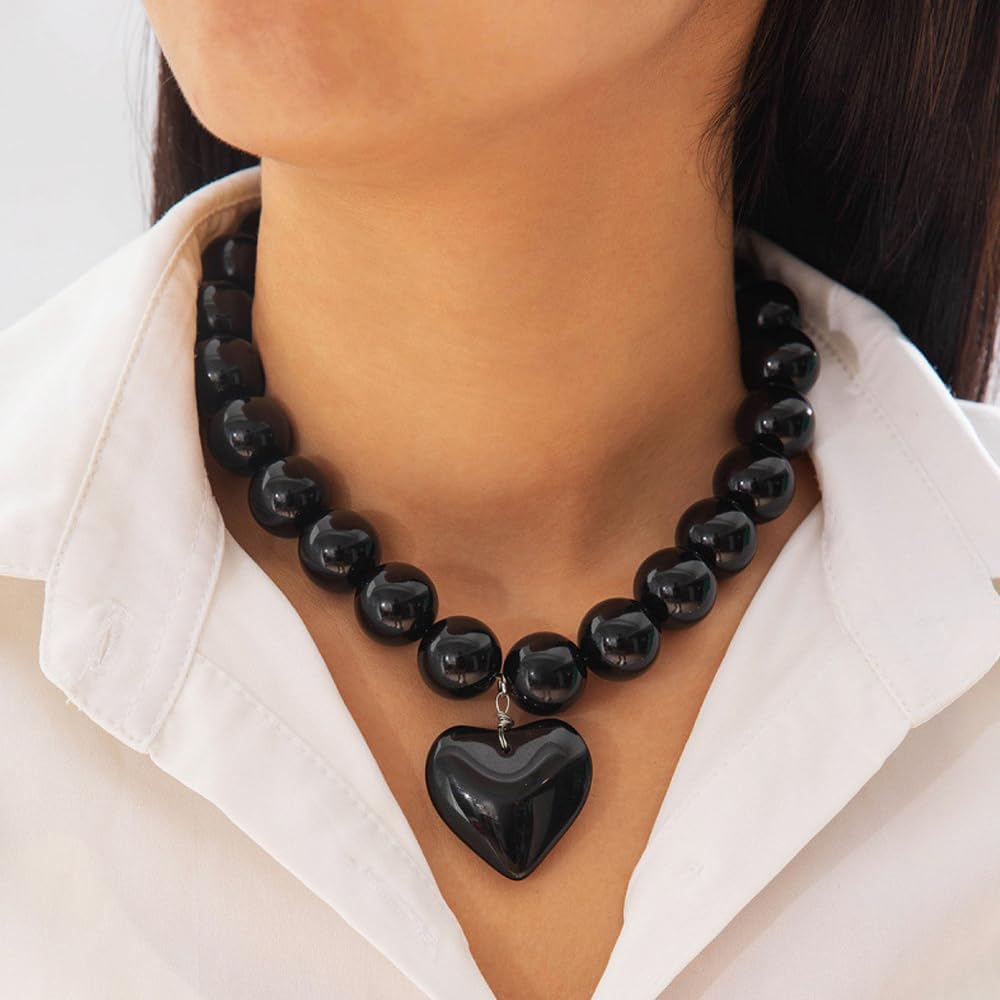 Chunky Bead Choker Necklace for Women,Large Puffy Black Heart Pendant Necklace,Aesthetic Red Beaded Statment Necklace,Party Jewelry Accessories - Image 3