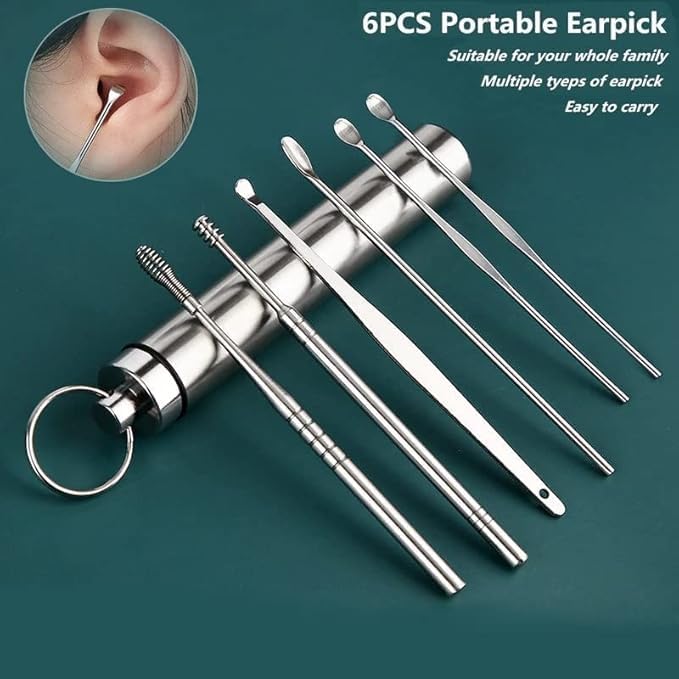 Image of 3 PACK 6-in-1 Ear Wax Cleaner - Resuable Ear Cleaning Tools with Aluminum Tube - Ear Pick Wax Remover Tool Kit with Ear Curette Cleaner and Spring Ear Buds Cleaner Fit in Pocket Great for Traveling