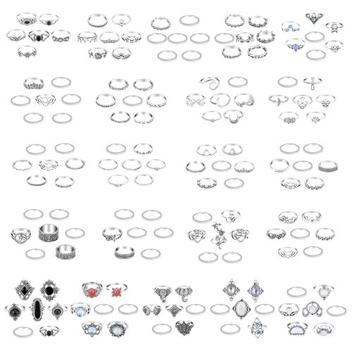 ONESING 154 Pcs Knuckle Rings for Women, Vintage Knuckle Rings Set, Stackable Finger Rings Set Bohemian Retro Vintage Jewelry Silver Rings Crystal Joint Rings Hollow Carved Flowe