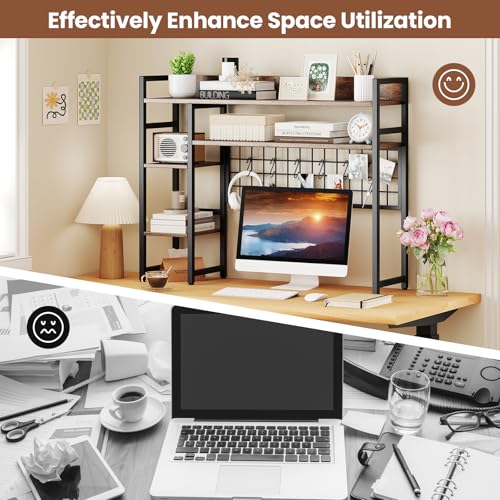 Image of Tangkula Desktop Bookshelf for Computer Monitor Up to 32 inch, 37 inch x 29 inch Countertop Storage Hutch with 4 Open Storage Shelves, Grid Panel, Anti-tip Device, 4-Tier Desktop Display Shelves for Home Office