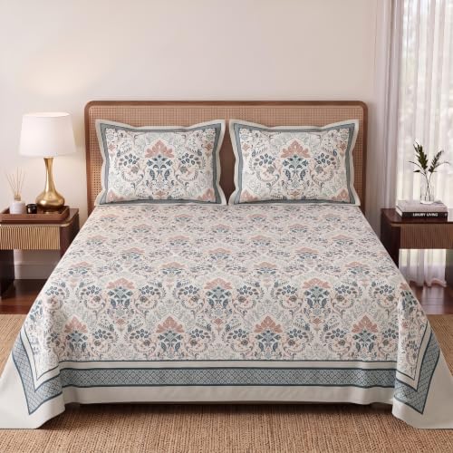 Image of BSB HOME 240 TC Cotton Feel Double Bedsheet with 2 Pillow Covers, Premium Soft Breathable Bed Sheet Set, Fade Resistant, All-Season, Easy Care, 90 x 100 Inches (228 x 254 cm) - Slate Blue & Ivroy