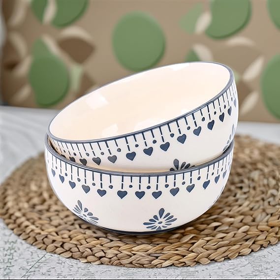 Image of Niyara Ceramic Printed Bowl Set of 2 | Premium Serving Bowls for Snacks, Soup & Desserts | Microwave & Dishwasher Safe (Grey Loral Print)