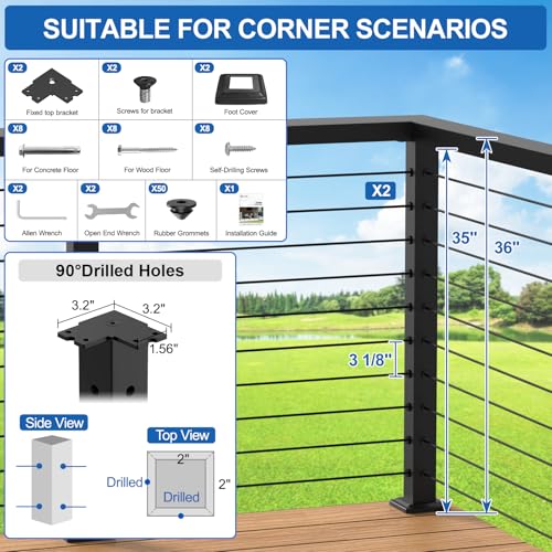 Image of 36 inch Cable Railing Corner Post(Post 35 inchx2 inchx2 inch), 2 Pack 90 L-Drilled Flat Top Corner Post, Stainless Steel Black Surface Mount Deck Cable Railing Post for Indoor Outdoor, MY08-C