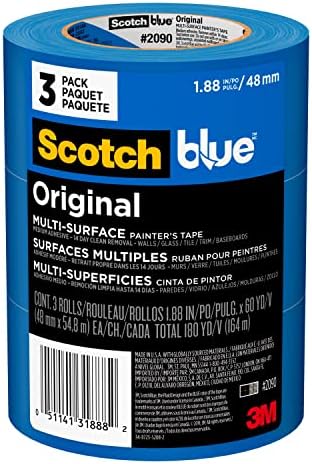 ScotchBlue Original Multi-Surface Painter's Tape, Blue, Paint Tape Protects Surfaces and Removes Easily, Multi-Surface Painting Tape for Indoor and Outdoor Use, 1.88 Inches x 60 Yards, 3 Rolls