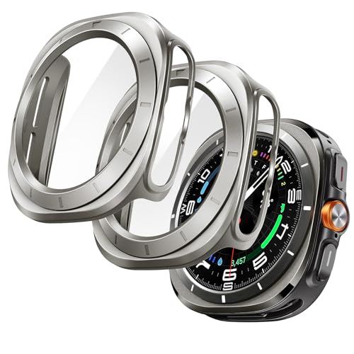 JETech Hülle mit Schutzfolie für Samsung Galaxy Watch Ultra (2025/2024) 47mm Gesamt Schutzhülle Eingebaut Gehärteter Glas Displayschutz Hohe Empfindlichkeit 2 Stück (Titan Natur)