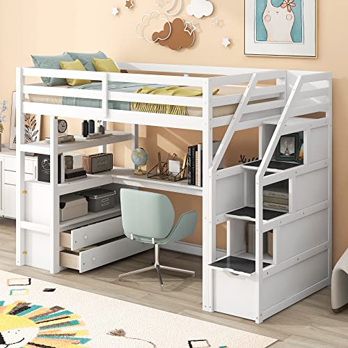 Harper & Bright Designs Twin Size Loft Bed with Staircase and Desk, Wood Loft Bed Frame with Shelf and Guardrails, No Box Spring Required, White