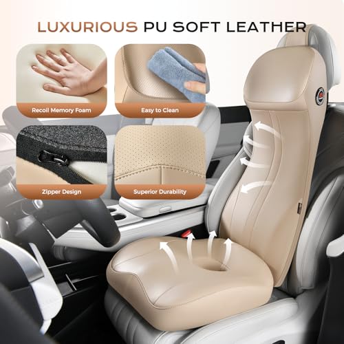 Image of Coverado Car Seat Cushion and Integrated Neck Pillow Lumbar Support Kit, Ergonomic Lumbar Support Pillow for Car, Soft Leather Memory Foam Car Seat Cushion for Sciatica & Back Pain Relief, Beige