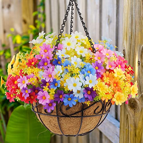 12 Bundles Artificial Flowers With Hanging Planter, Faux Plastic Fabric Hanging Flowers Daisy With 10" Hanging Basket Pot Coconut Lining Flowerpot For Outdoor Indoor Patio Lawn Garden Courtyard Décor #TOP6