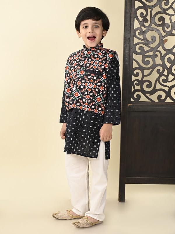 Image of superminis Boys Cotton Printed Full Sleeves Kurta With Ajrakh Printed Jacket and Pyjama Set