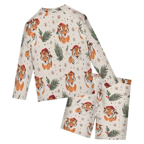 Tiger Pine Branches Boys Swimsuit Rash Guard Toddler Kids Long Sleeve Swim Shirt and Trunks Swimwear Set 3-10Y2