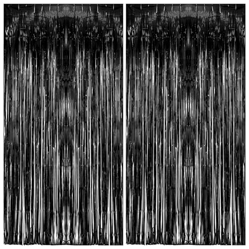 2 Pack Foil Curtain Backdrop Black Metallic Tinsel Foil Fringe Curtains Photo Booth Props for Birthday Wedding Engagement Baby Shower Bachelorette Christmas Holiday Celebration Party Decorations
