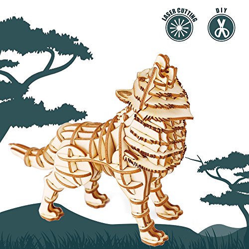 Rolife 3D Wooden Puzzle Wild Animal Toy-DIY Tiny Model Kit-Animal Action Figure-Assembly Jigsaw Puzzle-Home Decoration-Educational Birthday Easter Day Gift for Nephew/Son/Grandson/Boys/Girls(Wolf)