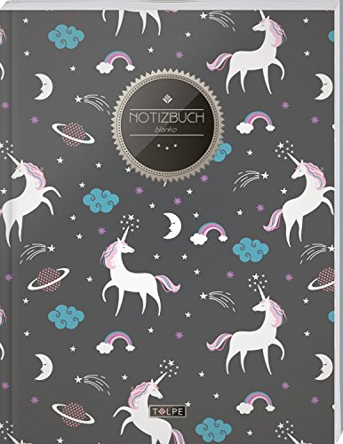 TULPE Blanko Notizbuch A4 „C116 Einhornmotive“ (140+ Seiten, Vintage Softcover, Seitenzahlen, Register, Weißes Papier - Dickes Notizheft, Skizzenbuch, Zeichenbuch, Blankobuch, Sketchbook) Cover