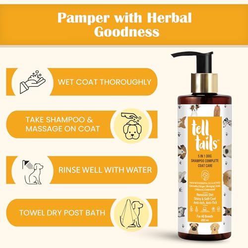 Image of Tell Tails 5-in-1 Organic Dog Shampoo - Pack of 2 (500ml) - Flea, Tick & Odor Removal - Moisturizes, Heals & Shine - Anti-fungal & Anti-bacterial - Citronella, Ginger, Bhringraj & Amla -For All Breeds